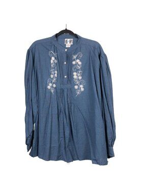 Embroidered Tunic Blouse M Linen Shirt Floral Pleated Button 90s Boho Western